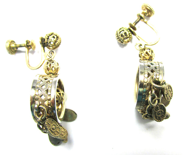 Vintage 1950s Fun Mid-Century Gold Screw Back Drop Earrings - Side