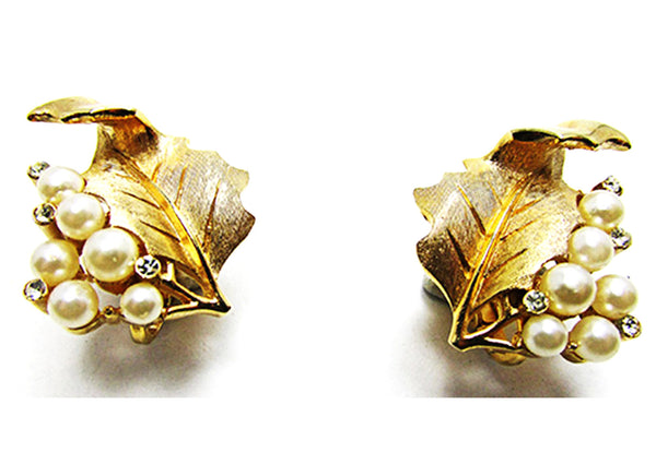 Gorgeous Crown Trifari 1950s Designer Diamante and Pearl Holly Set - Earring Fronts