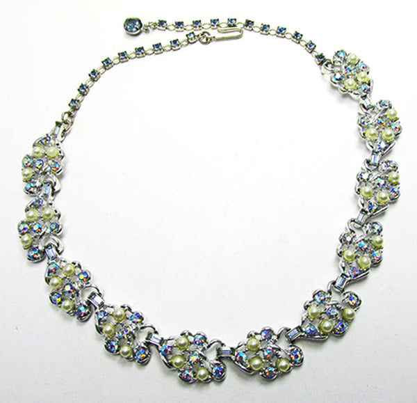 Vintage 1950s Mid-Century Dazzling Diamante and Pearl Floral Set - Necklace Front