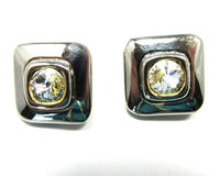1960s Vintage Diamante Clip-On Button Style Geometric Earrings - Front - Thumbnail