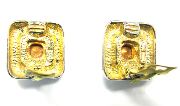 1960s Vintage Diamante Clip-On Button Style Geometric Earrings - Back