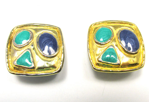 1970s Dramatic Contemporary Style Geometric Enamel Clip-On Earrings - Front