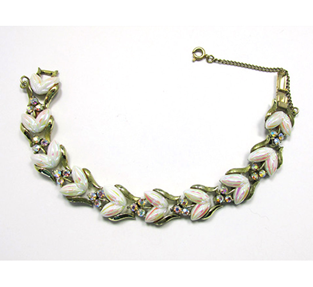 Signed Coro 1950s Mid-Century Iridescent Diamante Link Bracelet - Front