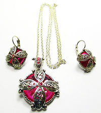 Vintage 1960s Hot Pink Rhinestone Pendant and Pierced Earrings Set - Front - Thumbnail