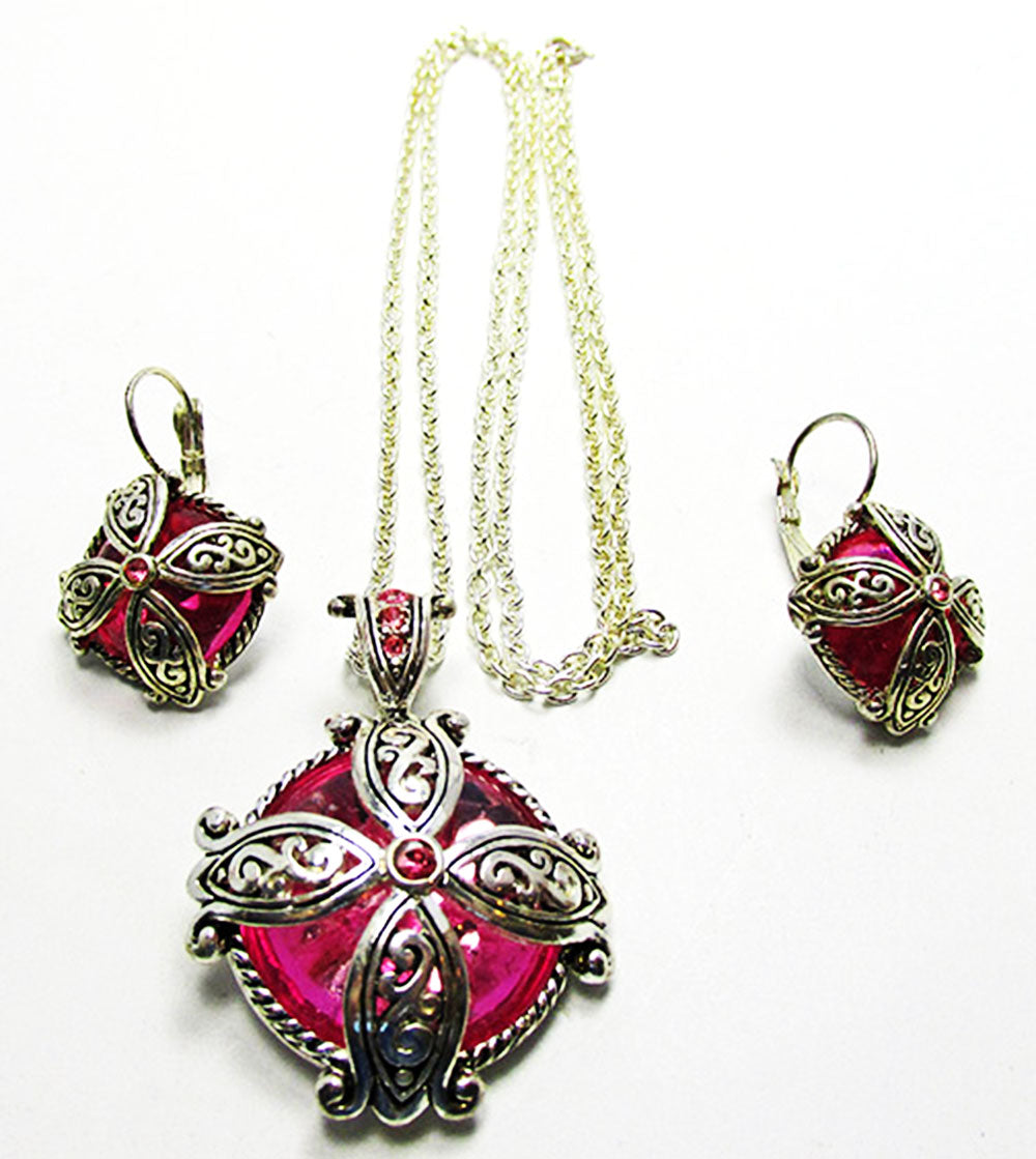 Vintage 1960s Hot Pink Rhinestone Pendant and Pierced Earrings Set - Front