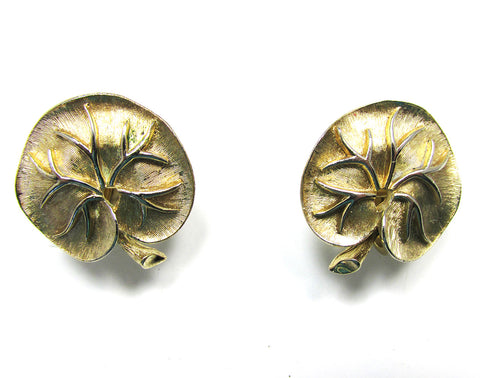 Signed Crown Trifari 1950s Etched Gold Clip-On Leaf Earrings - Front