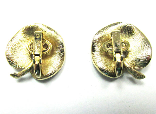 Signed Crown Trifari 1950s Etched Gold Clip-On Leaf Earrings - Back