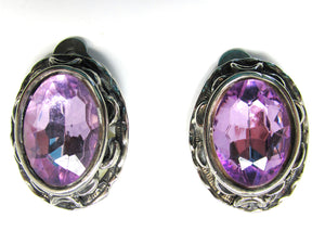 Dramatic 1960s Vintage Oval Amethyst Rhinestone Earrings - Front