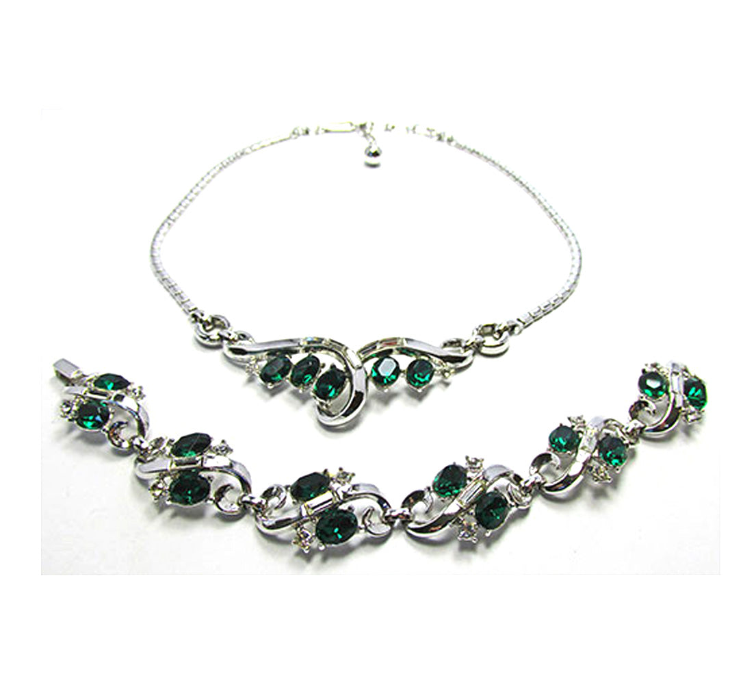 Trifari 1950s Clear and Emerald Diamante Necklace and Bracelet - Front