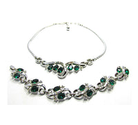 Trifari 1950s Clear and Emerald Diamante Necklace and Bracelet - Front - Thumbnail