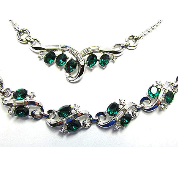 Trifari 1950s Clear and Emerald Diamante Necklace and Bracelet - Close Up