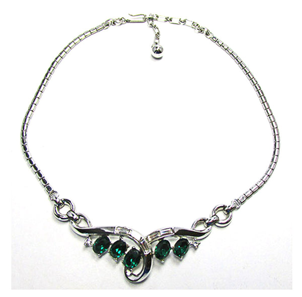 Trifari 1950s Clear and Emerald Diamante Necklace and Bracelet - Necklace Front