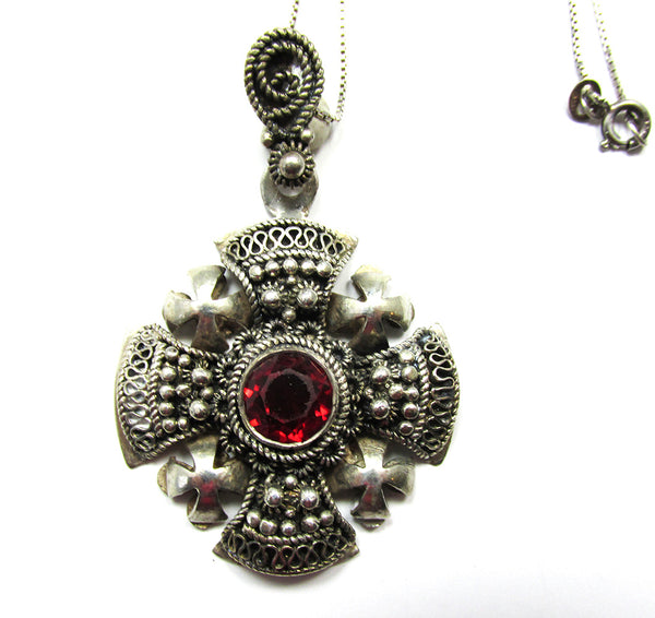 Vintage 1960s Diamante and Sterling Jerusalem Cross Pendant - Close Up