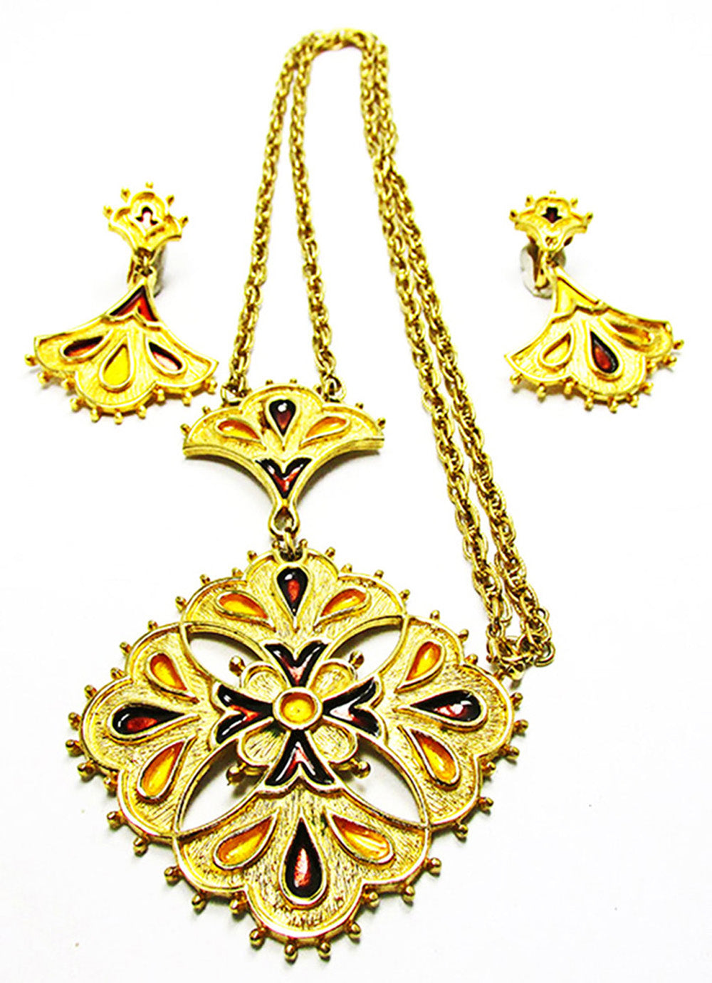 Kramer Vintage1960s Bold Enamel and Gold-Toned Pendant and Earrings - Set