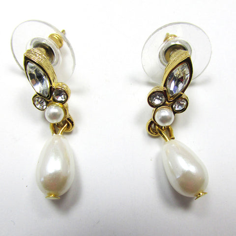 1980s Vintage Contemporary Style Diamante and Pearl Drop Earrings - Front