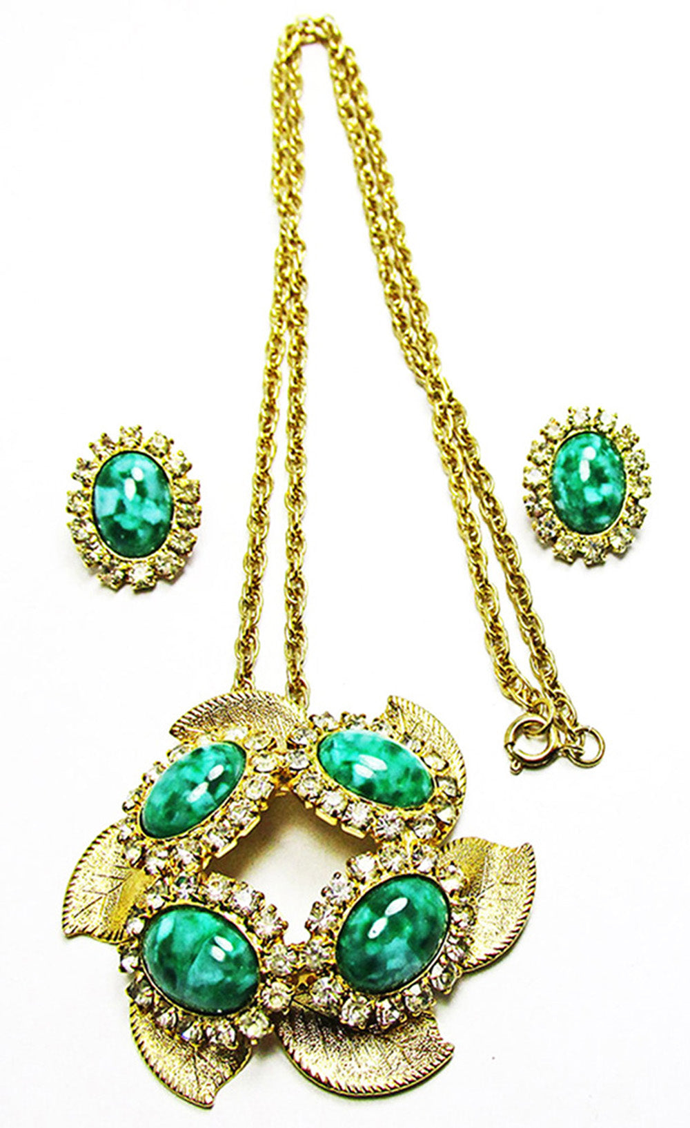 Vintage 1960s Jade-Green and Clear Rhinestone Pendant and Earrings Set - Front