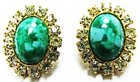 Vintage 1960s Jade-Green and Clear Rhinestone Pendant and Earrings Set - Earrings - Thumbnail