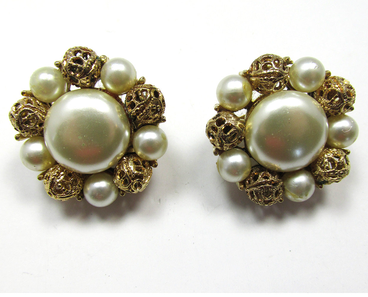 Signed Coro 1950s Designer Pearl and Gold Filigree Bead Earrings - Front