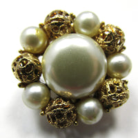 Signed Coro 1950s Designer Pearl and Gold Filigree Bead Earrings - Close Up - Thumbnail