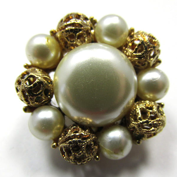 Signed Coro 1950s Designer Pearl and Gold Filigree Bead Earrings - Close Up