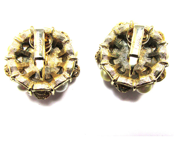 Signed Coro 1950s Designer Pearl and Gold Filigree Bead Earrings - Back