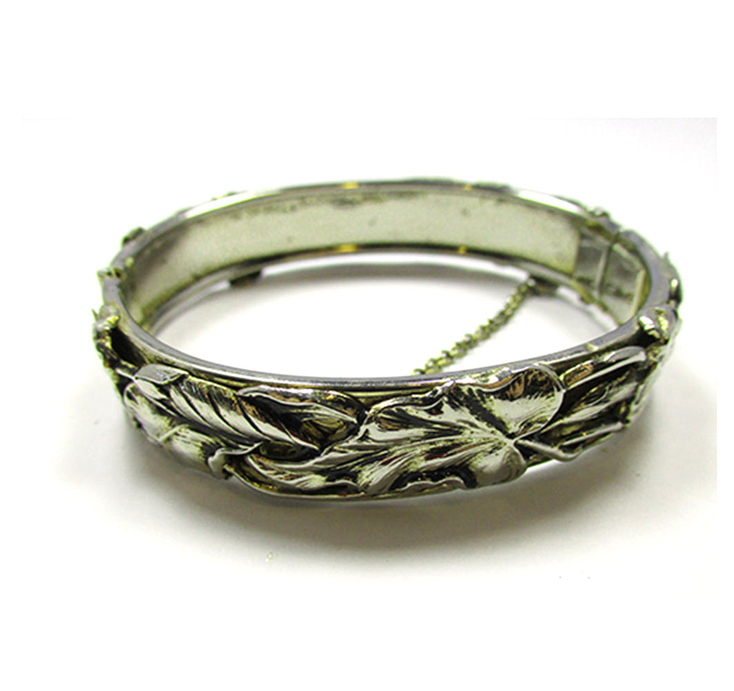 Art Nouveau Style Vintage 1950s Embossed Floral Cuff Bracelet - Front