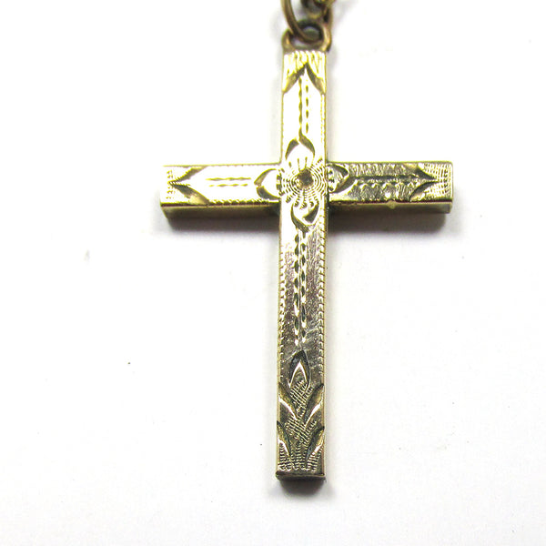 Signed 1940s Vintage Classic Mid-Century Engraved Gold Filled Cross - Close Up of Front
