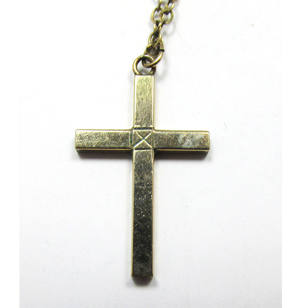 Signed 1940s Vintage Classic Mid-Century Engraved Gold Filled Cross - Close Up of Back