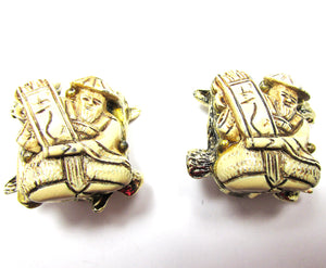 1950s Vintage Mid-Century Cream Enamel Oriental Man Clip-On Earrings - Front