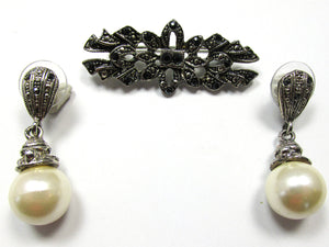 1980s Vintage Contemporary Style Marcasite and Pearl Pin and Earrings - Front