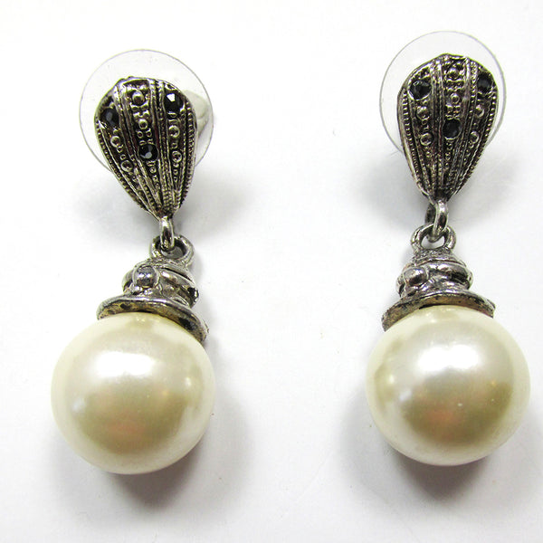 1980s Vintage Contemporary Style Marcasite and Pearl Pin and Earrings - Earring Fronts