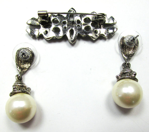 1980s Vintage Contemporary Style Marcasite and Pearl Pin and Earrings - Back