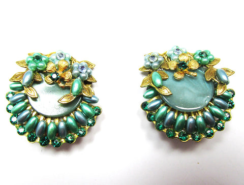 Collectible Vintage 1950s Green Diamante and Pearl Floral Earrings - Front