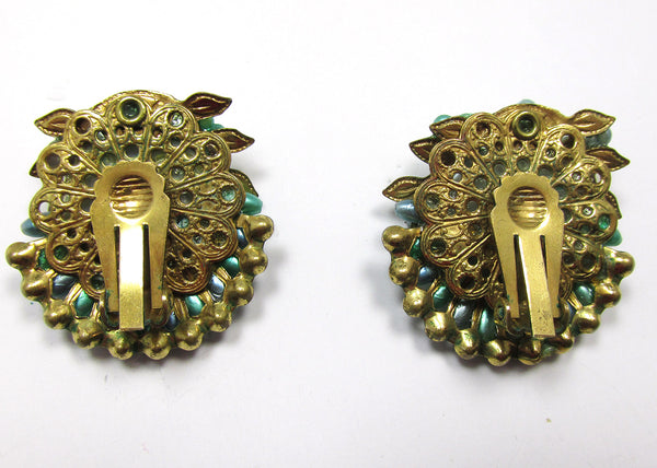 Collectible Vintage 1950s Green Diamante and Pearl Floral Earrings - Back