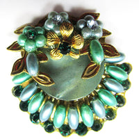 Collectible Vintage 1950s Green Diamante and Pearl Floral Earrings - Close Up - Thumbnail