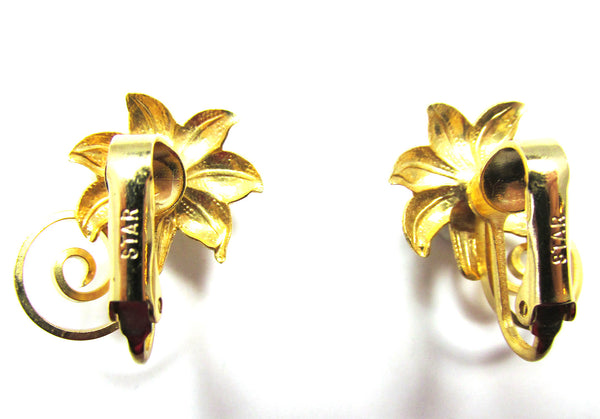Signed Star 1960s Mid-Century Pearl and Gold Floral Earrings - Back