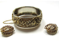 Mid-Century 1950s Exquisite Gold Cuff Bracelet and Earrings Set - Front - Thumbnail