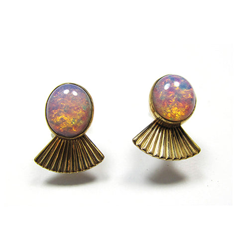Van Dell Signed 1940s Vintage Opal and Gold-Filled Earrings - Front