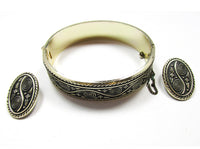 Signed Made in W. Germany Vintage Engraved Bracelet and Earrings - Front - Thumbnail