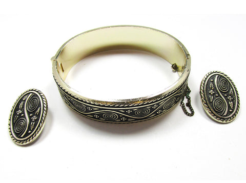 Signed Made in W. Germany Vintage Engraved Bracelet and Earrings - Front