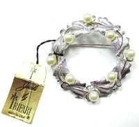 1950s Crown Trifari Mid-Century Pearl Circular Leaf Pin With Tag - Front - Thumbnail