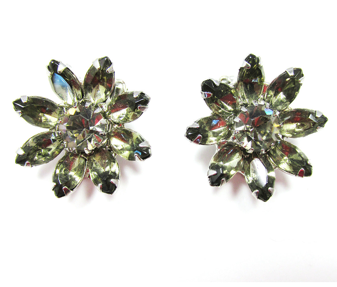 Gorgeous 1950s Vintage Signed Weiss Black Diamond Floral Earrings - Front