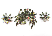 1960s Vintage Juliana Designer Diamante Floral Pin and Earrings - Front - Thumbnail