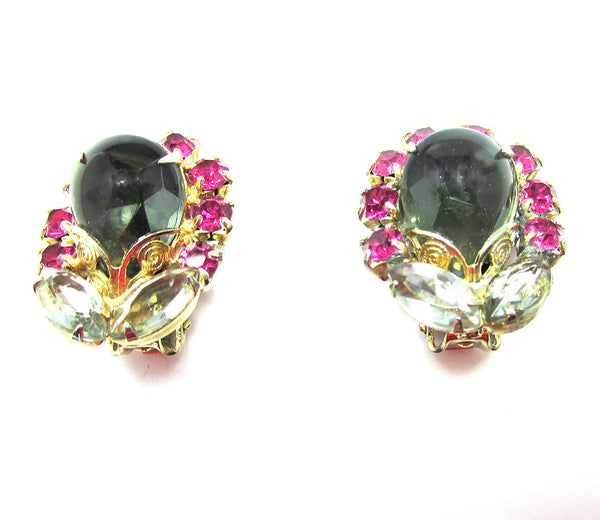 Distinctive Vintage Mid-Century 1950s Diamante Floral Earrings - Front