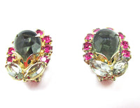 Distinctive Vintage Mid-Century 1950s Diamante Floral Earrings - Front - Thumbnail