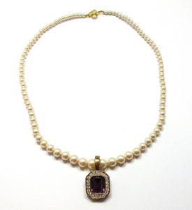 Signed Marvella Vintage 1980s Pearl Necklace with Diamante Enhancer - Front