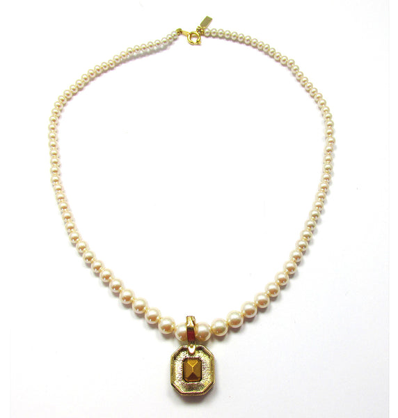 Signed Marvella Vintage 1980s Pearl Necklace with Diamante Enhancer - Back