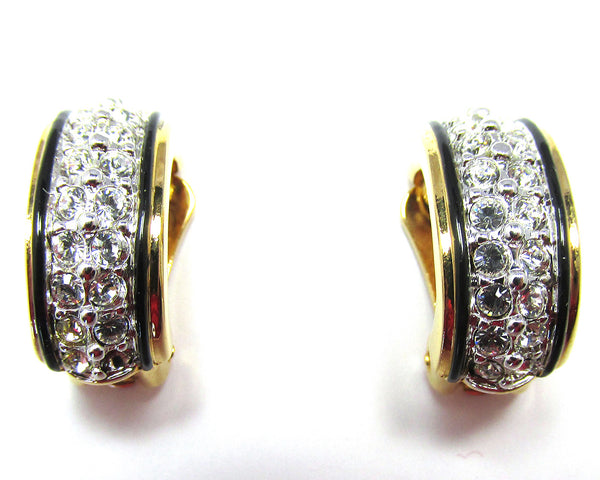 Signed 1980s Vintage Swarovski Designer Diamante Half Hoop Earrings - Front