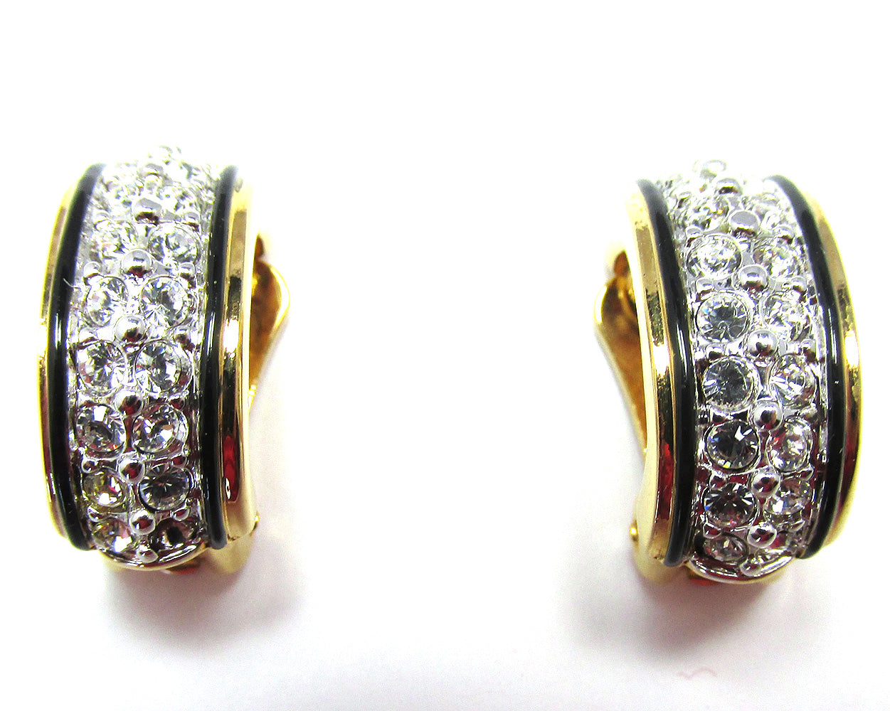 Signed 1980s Vintage Swarovski Designer Diamante Half Hoop Earrings - Front