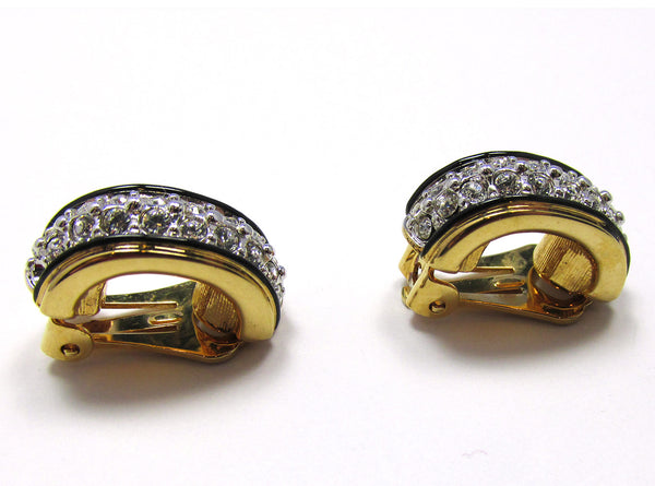 Signed 1980s Vintage Swarovski Designer Diamante Half Hoop Earrings - Side